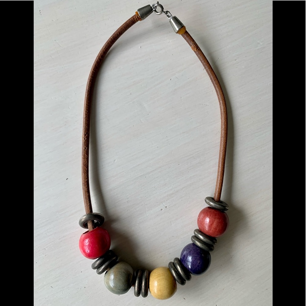 70’s Wood Lacquered Coloured Beads with Metal Hoops on Leather.